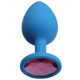 Голубая анальная пробка с розовым кристаллом - 8,4 см.